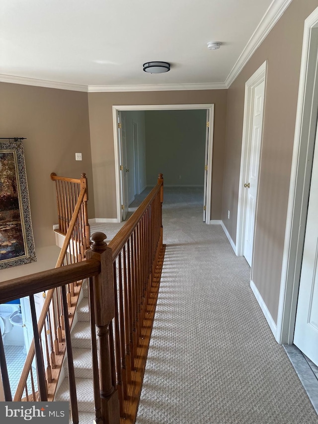 hall with baseboards, ornamental molding, carpet floors, and an upstairs landing