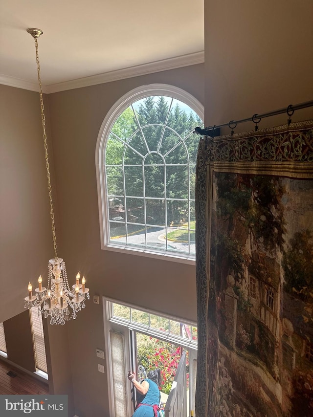 details with ornamental molding and a chandelier