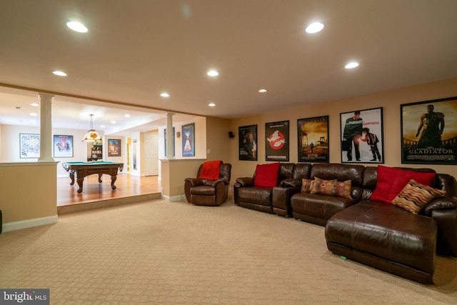 living room with baseboards, decorative columns, billiards, and recessed lighting