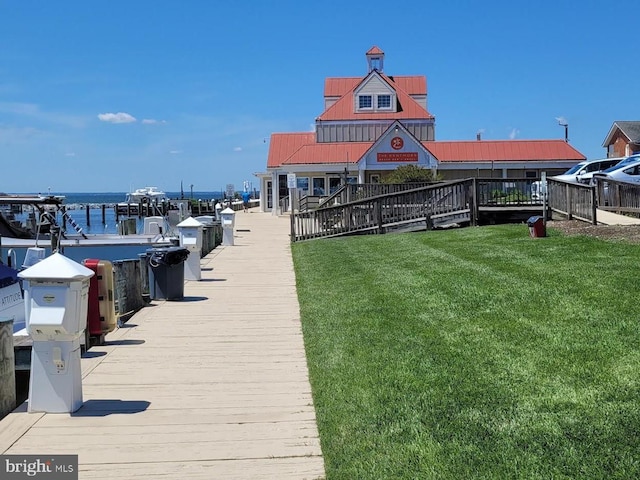 dock area featuring a water view and a yard