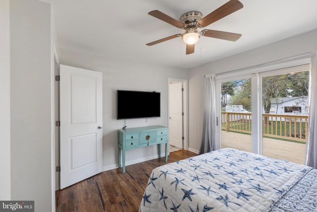 bedroom featuring baseboards, dark wood-style floors, access to outside, and ceiling fan