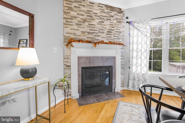 details featuring baseboards, a tiled fireplace, wood finished floors, and crown molding