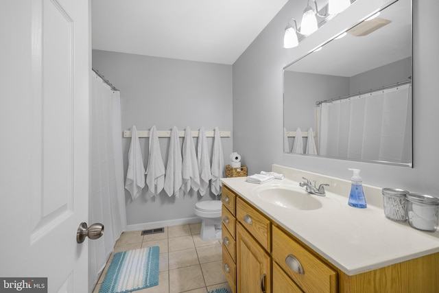 full bathroom featuring visible vents, tile patterned floors, vanity, and toilet