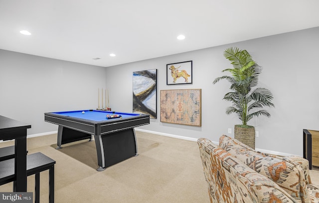 game room featuring carpet floors, billiards, and recessed lighting