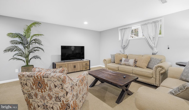 living room featuring visible vents, light carpet, baseboards, and recessed lighting