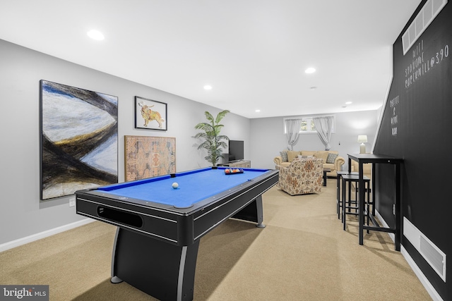 recreation room featuring light carpet, visible vents, recessed lighting, and pool table
