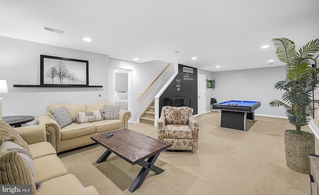 living room featuring recessed lighting, stairway, billiards, visible vents, and light colored carpet