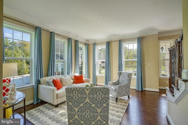 living area featuring hardwood / wood-style floors, stairs, ornamental molding, and baseboards