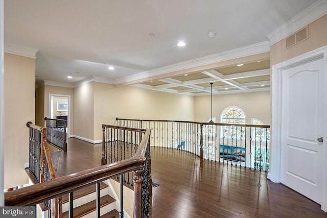 corridor featuring an upstairs landing, coffered ceiling, hardwood / wood-style floors, beamed ceiling, and visible vents