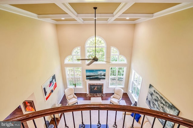 living area featuring coffered ceiling, a high ceiling, wood finished floors, a premium fireplace, and ceiling fan