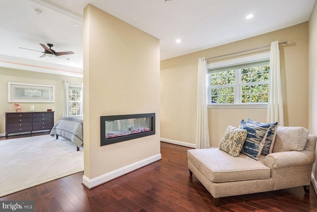 living area featuring dark wood-style floors, a glass covered fireplace, and a healthy amount of sunlight
