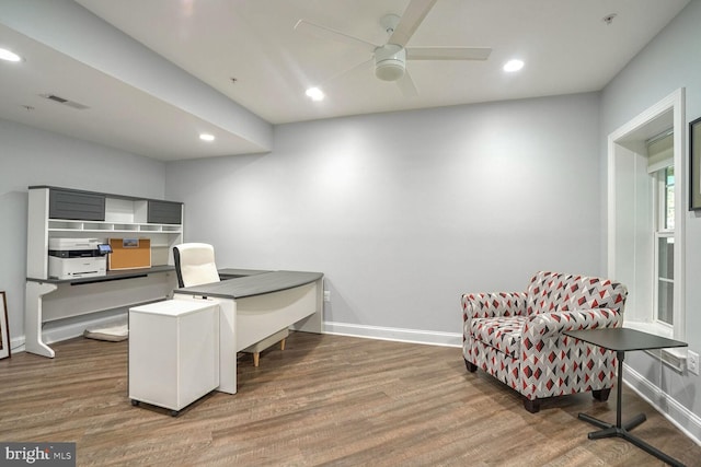 office space with visible vents, wood finished floors, ceiling fan, and recessed lighting