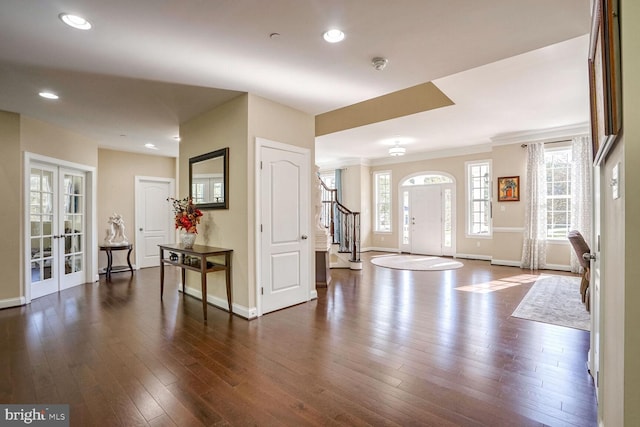 entryway featuring stairs, french doors, dark wood-style floors, baseboards, and recessed lighting