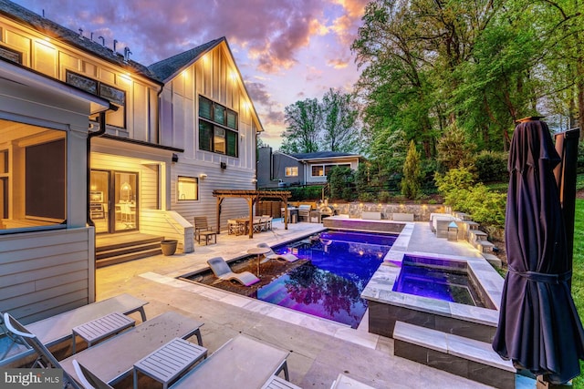 1544 Forest Villa Ln, Mclean, VA 22101 - pool at dusk with an in-ground hot tub, a pergola, a patio area, and french doors