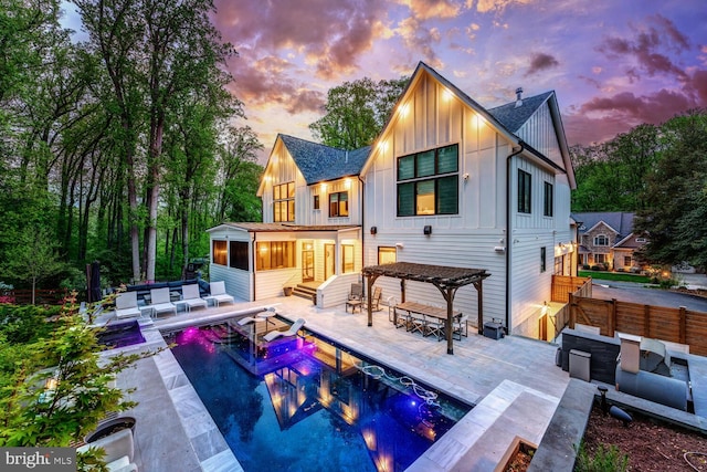 1544 Forest Villa Ln, Mclean, VA 22101 - rear view of house featuring board and batten siding, an outdoor living space, a pergola, an outdoor pool, and a patio area