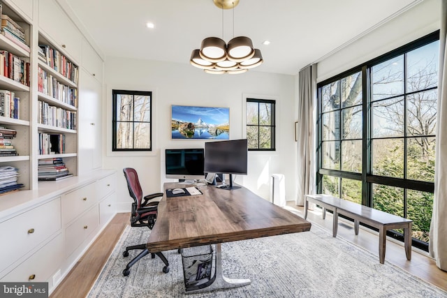 1544 Forest Villa Ln, Mclean, VA 22101 - home office with built in features, light wood finished floors, a chandelier, baseboards, and recessed lighting