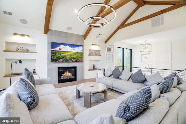 1544 Forest Villa Ln, Mclean, VA 22101 - living room with a chandelier, wood finished floors, beam ceiling, a tiled fireplace, and built in features