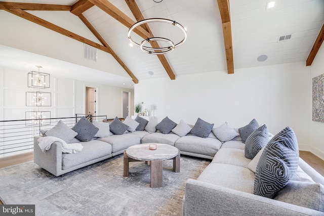 1544 Forest Villa Ln, Mclean, VA 22101 - living room featuring a chandelier, beam ceiling, wood finished floors, and high vaulted ceiling