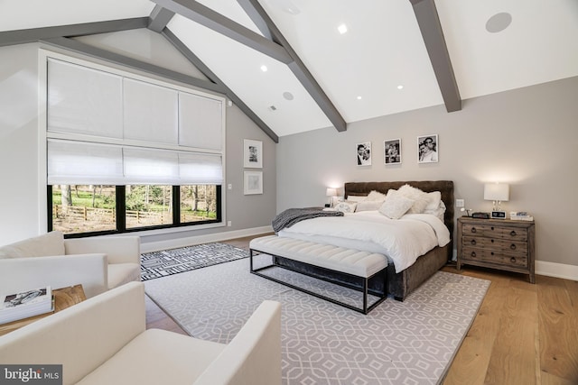 1544 Forest Villa Ln, Mclean, VA 22101 - bedroom with beam ceiling, light wood-style floors, baseboards, high vaulted ceiling, and recessed lighting