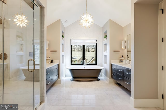 1544 Forest Villa Ln, Mclean, VA 22101 - bathroom with a chandelier, vanity, built in features, lofted ceiling, and a stall shower