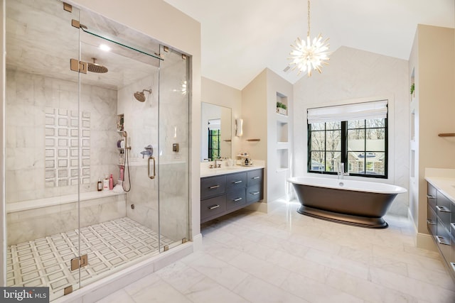 1544 Forest Villa Ln, Mclean, VA 22101 - bathroom featuring vanity, a stall shower, a soaking tub, a chandelier, and marble finish floors