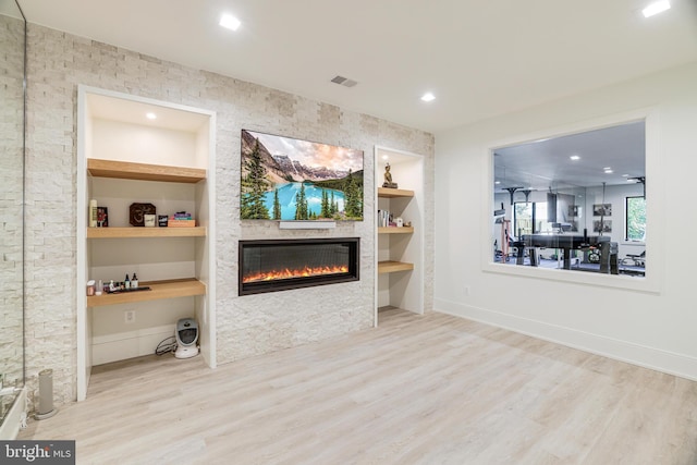 1544 Forest Villa Ln, Mclean, VA 22101 - living room featuring a fireplace, wood finished floors, built in shelves, baseboards, and recessed lighting