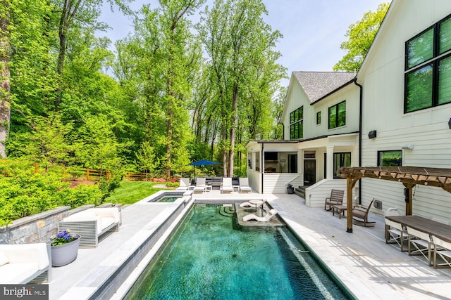 1544 Forest Villa Ln, Mclean, VA 22101 - swimming pool featuring a patio area, an outdoor living space, a sunroom, and a pergola