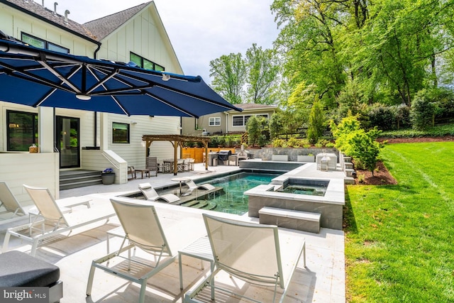 1544 Forest Villa Ln, Mclean, VA 22101 - view of swimming pool with an in-ground hot tub, a lawn, a patio area, and a pergola