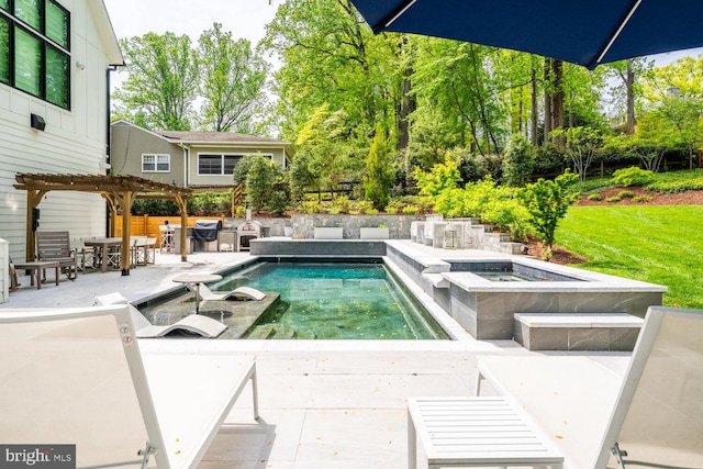 1544 Forest Villa Ln, Mclean, VA 22101 - view of pool featuring a pergola, a patio, a pool with connected hot tub, and outdoor dining space
