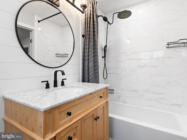 bathroom featuring vanity and shower / tub combo with curtain