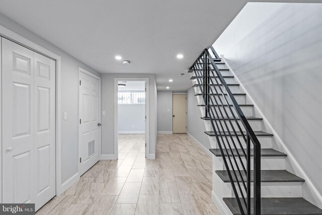 1404 S Patton St, Philadelphia, PA 19146 - entrance foyer with baseboards, stairs, recessed lighting, and marble finish floor