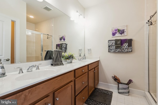 bathroom featuring a stall shower, a sink, and visible vents