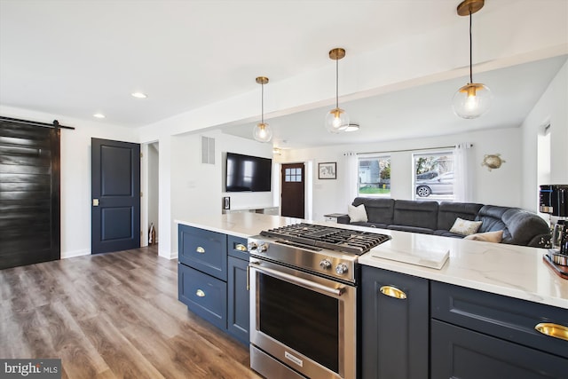 kitchen with open floor plan, pendant lighting, wood finished floors, and stainless steel range