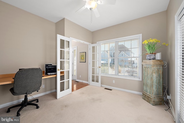 304 S Heron Gull Ct, Ocean City, MD 21842 - carpeted office with french doors, a ceiling fan, baseboards, and visible vents