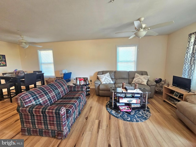 living room with hardwood / wood-style floors and ceiling fan