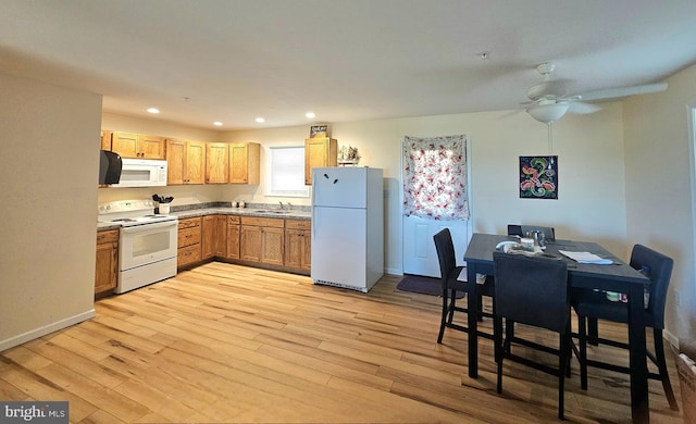 kitchen with a ceiling fan, light wood-style flooring, recessed lighting, and white appliances