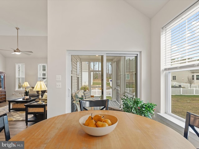 dining area featuring ceiling fan, wood finished floors, and vaulted ceiling