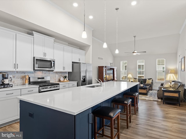 kitchen featuring crown molding, a large island with sink, a sink, stainless steel appliances, and ceiling fan
