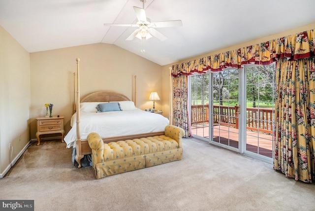 carpeted bedroom with access to outside, baseboards, vaulted ceiling, and a ceiling fan