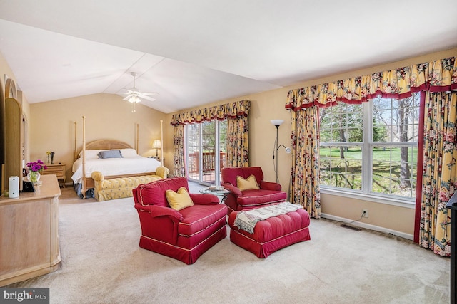 bedroom featuring ceiling fan, access to outside, carpet flooring, and vaulted ceiling
