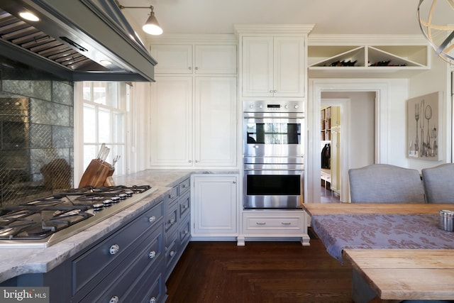 234 W Fairmount Ave, State College, PA 16801 - kitchen featuring stainless steel appliances, custom exhaust hood, white cabinets, and blue cabinetry