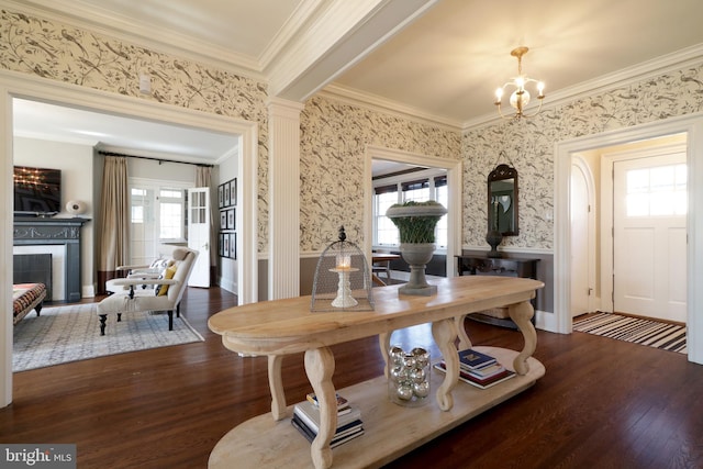 234 W Fairmount Ave, State College, PA 16801 - dining space featuring crown molding, wood finished floors, a chandelier, a wainscoted wall, and wallpapered walls