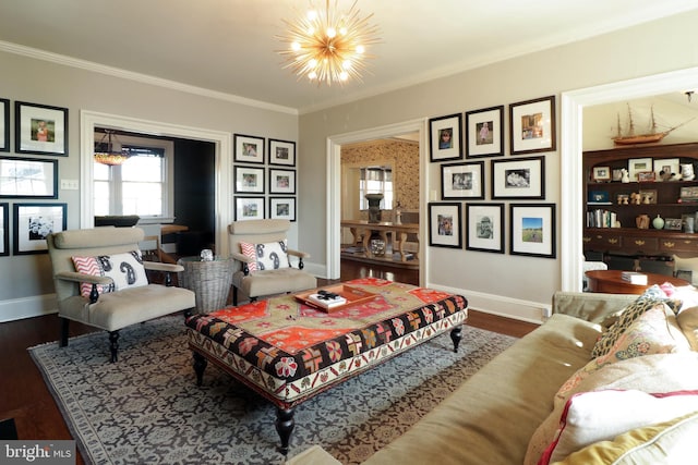 234 W Fairmount Ave, State College, PA 16801 - living area with crown molding, baseboards, dark wood-style floors, and a chandelier