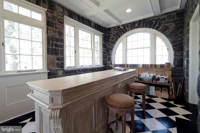 234 W Fairmount Ave, State College, PA 16801 - indoor dry bar featuring dark flooring, healthy amount of natural light, beam ceiling, and coffered ceiling