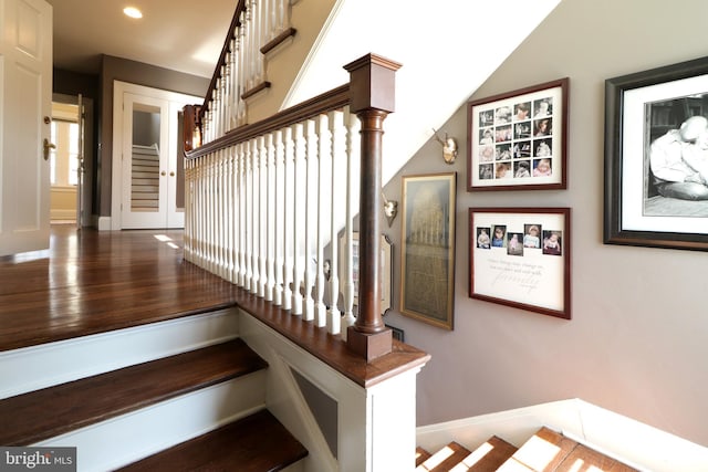 234 W Fairmount Ave, State College, PA 16801 - stairway featuring baseboards, wood finished floors, and recessed lighting
