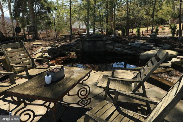 234 W Fairmount Ave, State College, PA 16801 - view of patio / terrace with a garden pond and view of wooded area