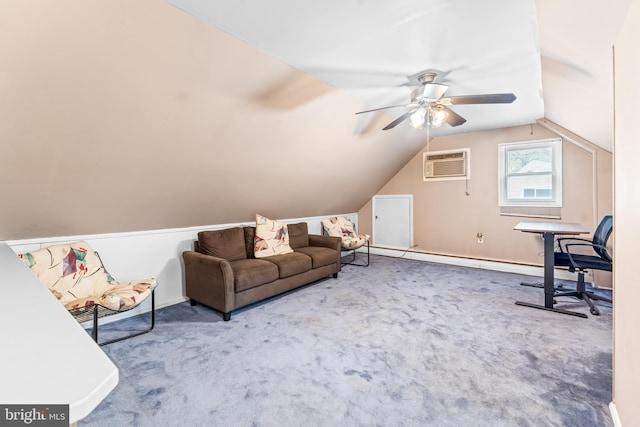 interior space with lofted ceiling, a ceiling fan, carpet, and a wall unit AC