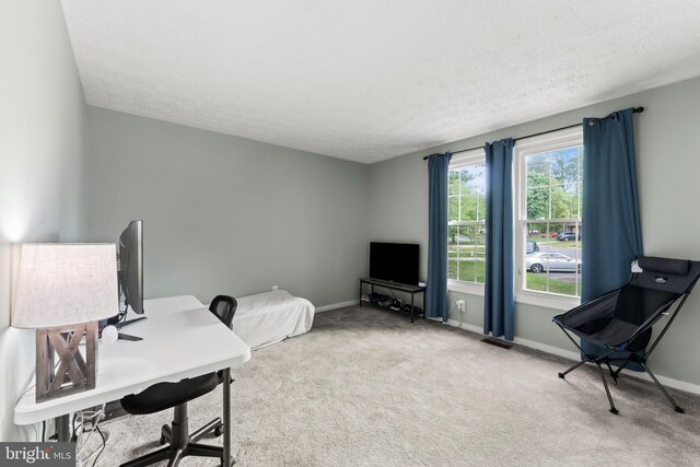 carpeted office featuring baseboards, a textured ceiling, and visible vents