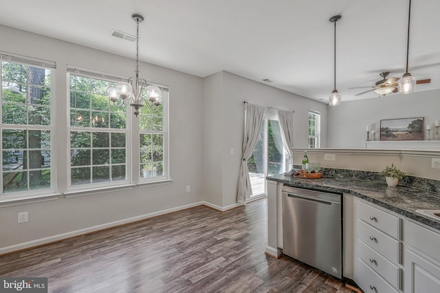 11587 Wollaston Cir, Swan Point, MD 20645 - kitchen with dishwasher, dark wood-style flooring, plenty of natural light, and a chandelier