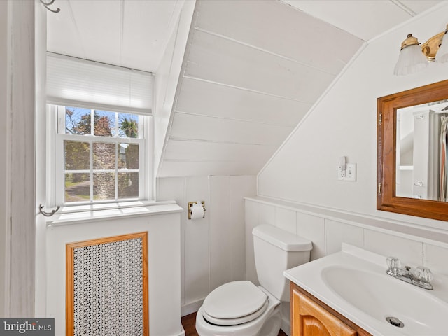 5917 Horns Point Rd, Cambridge, MD 21613 - bathroom featuring lofted ceiling, vanity, and toilet